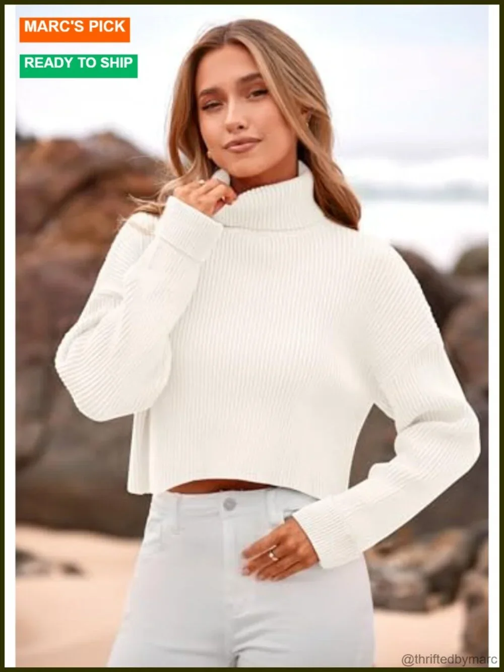 Cropped Turtleneck Sweater Long Sleeve Ribbed Knit Women's